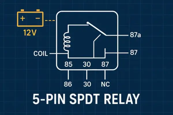 Diagrama de un rele coche de 5 pines SPDT. Muestra la conexión de una batería de 12V a la bobina y los contactos.