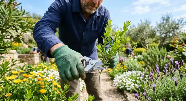 Hombre con guantes verdes podando un arbusto con tijeras. El jardín florece con margaritas amarillas y blancas, lavanda y otras plantas. Es el momento perfecto para podar en primavera.