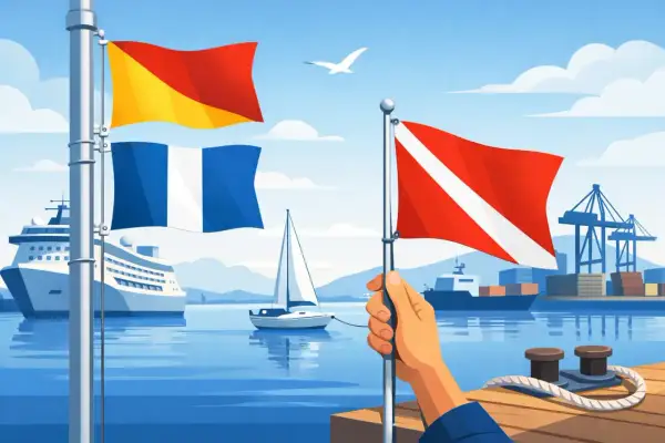 Un porto con un'esposizione di bandiere estere: una bandiera rossa e gialla, una bandiera francese e una bandiera da sub rossa con una striscia bianca.