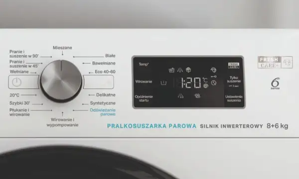Panel sterowania pralkosuszarki Whirlpool z opisem programów: Mieszane, Białe, Bawełniane, Eco 40-60, Delikatne, Syntetyczne, Odświeżanie parowe. Wyświetlacz pokazuje czas 0:20.