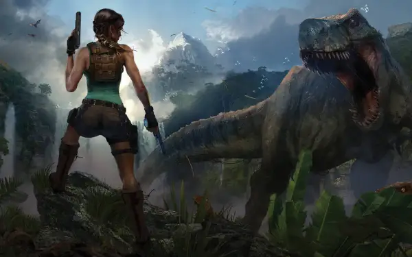 Lara Croft z pistoletami stawia czoła T-Rexowi w dżungli, jak w grach Tomb Raider.