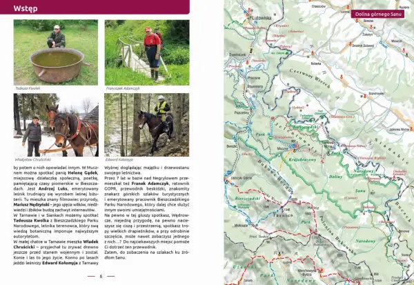 Mapa Bieszczadów z zaznaczoną Doliną Sanu, zdjęciami ludzi i koni.