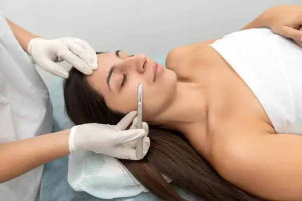 Profesional realiza dermaplaning facial a una mujer acostada, usando un bisturí para exfoliar suavemente su piel.