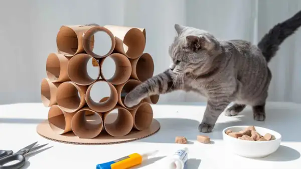 Gato gris jugando con una torre de rollos de cartón, un ejemplo de juguetes para gatos caseros.