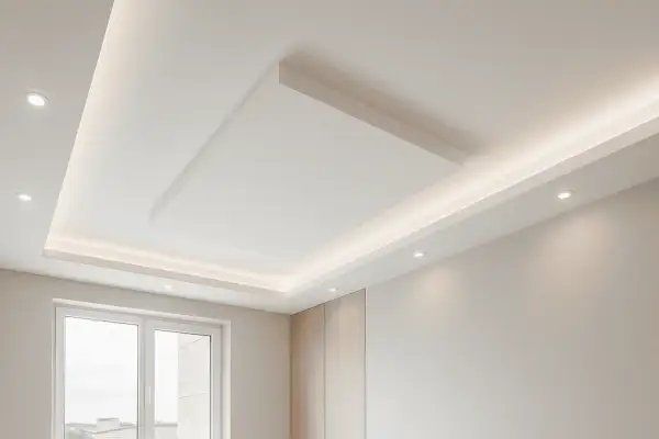 Soffitto moderno con faretti e illuminazione indiretta, un esempio di raffinate finiture cartongesso che creano un ambiente accogliente.