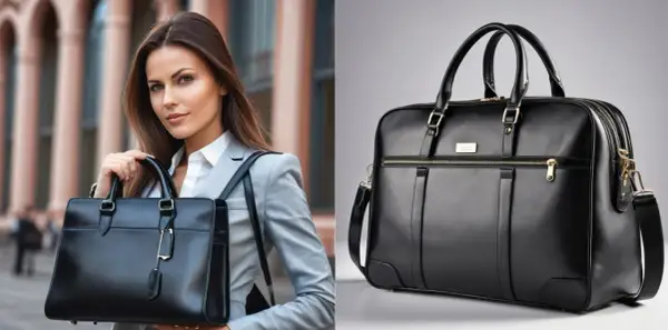 Elegante bolso multibolsillos negro de cuero, ideal para la mujer de negocios moderna.