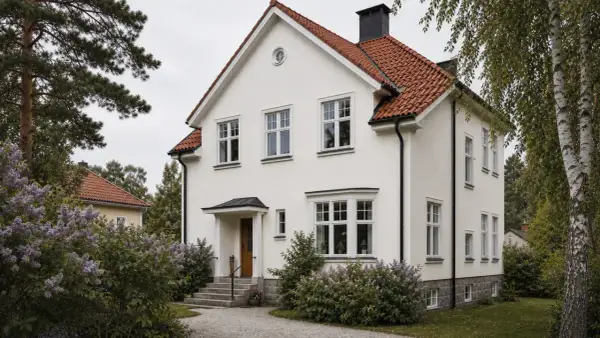 Vitt, putsat hus med tegeltak och gröna buskar. En nyrenoverad fasad som är redo att måla.