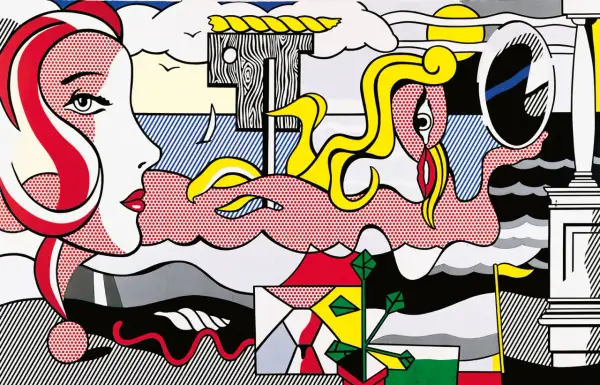 Pop art w stylu Roy Lichtensteina: kobieta z czerwoną falującą fryzurą, fale, żaglówka i odbicie w lustrze. Łatwe do rozpoznania.