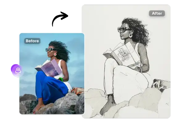 A woman reading a book on rocks, transformed by a drawing filter into a sketch.