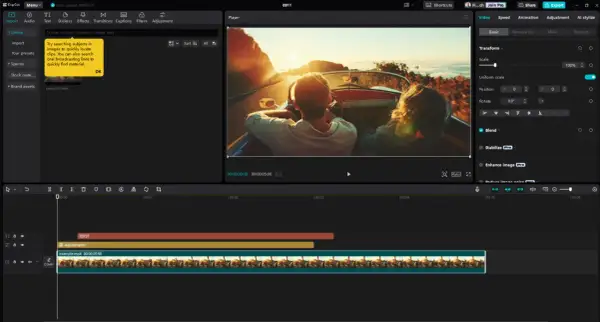 Edytor wideo **aplikacja CapCut** z widokiem na oś czasu, podglądem klipu z podróży i panelami edycji.
