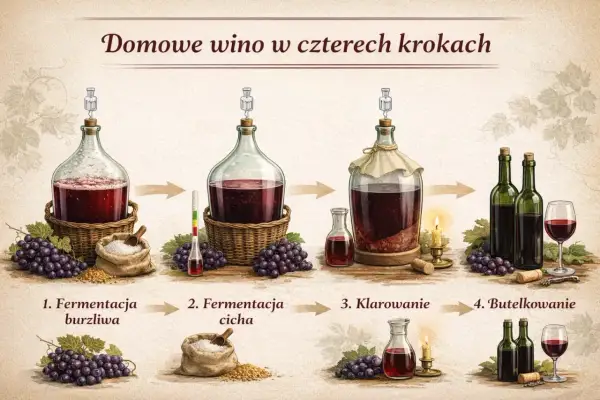 Proces tworzenia swojskiego wina: fermentacja burzliwa, cicha, klarowanie i butelkowanie. Od winogron do kieliszka.
