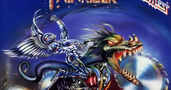 Cybernetic warrior na skrzydłach, walczący z mechanicznym smokiem, jak na okładkach płyt z utworami Judas Priest.