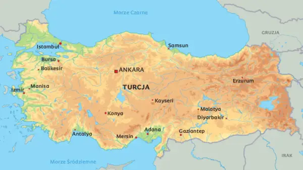 Mapa Turcji, kraju położonego na styku Europy i Azji, z zaznaczonymi miastami jak Stambuł, Ankara i Izmir.