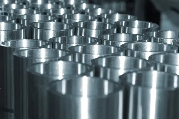 Dettaglio di cilindri metallici pronti per come cromare un metallo, con riflessi luminosi che ne esaltano la lucentezza.