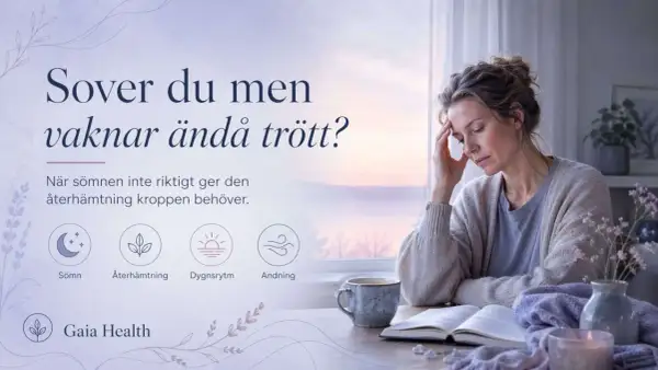 En kvinna med handen mot pannan sitter vid ett bord med en bok och en kopp. Hon ser trött ut, trots att hon vill slappna av.
