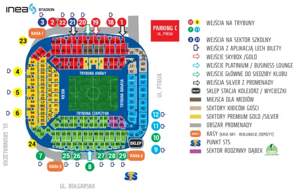 Plan stadionu Lecha Poznań: wejścia, sektory, miejsca, kasy i parking.