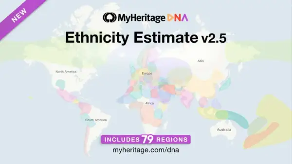 Carte du monde avec estimations ethniques MyHeritage DNA v2.5, incluant 79 régions. Découvrez vos origines.