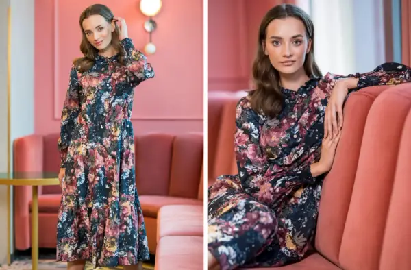 Długa sukienka w kwiaty sięga do połowy łydki, podkreślając elegancję. Idealna na jesienne dni.
