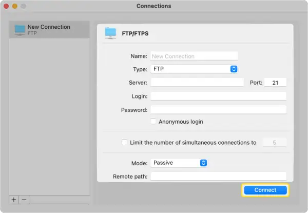 Okno dialogowe Total Commandera do konfiguracji połączenia FTP/FTPS z polami nazwy, typu, serwera, loginu, hasła i przyciskiem "Connect".