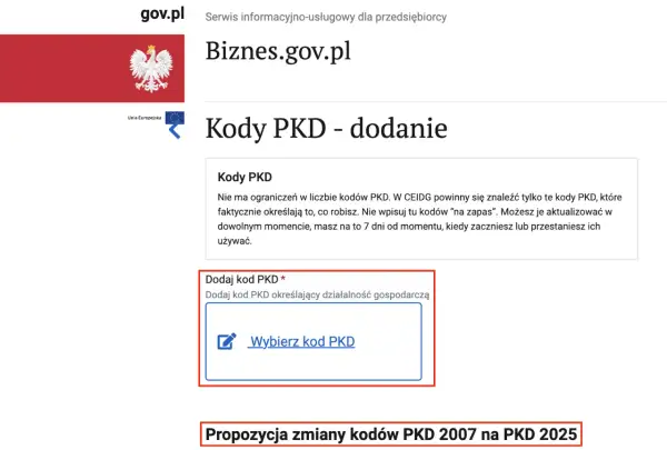 Dodawanie kodu PKD dla gospodarstwa rolnego. Wybierz kod PKD określający działalność gospodarczą.