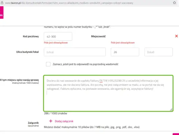 Formularz kontaktowy Tauron. Wpisano kod pocztowy 42-300, miejscowość 26. W polu tekstowym opisano problem z fakturą.