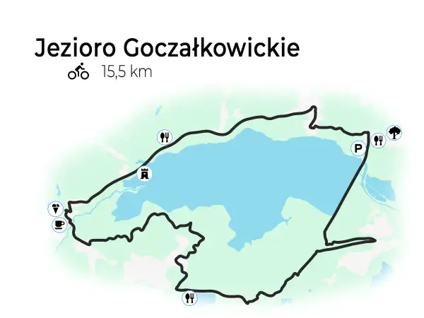 Mapa Jeziora Goczałkowickiego z zaznaczonymi trasami rowerowymi o długości 15,5 km. Widoczne punkty: parking, restauracje, drzewo, zamek, kawiarnia i lody.