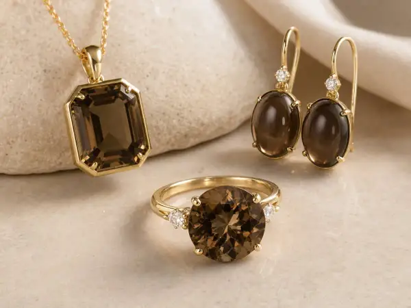 Conjunto de oro con cuarzo ahumado, conocido por sus propiedades de calma y protección. Un colgante, anillo y pendientes que irradian elegancia.