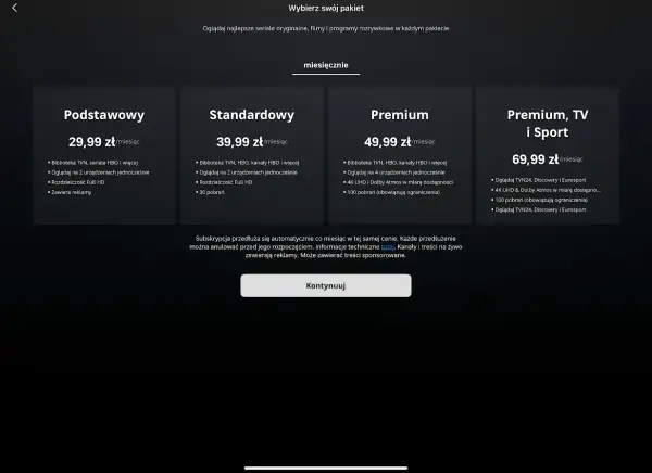 Porównanie pakietów HBO: Podstawowy (29,99 zł/miesiąc), Standardowy (39,99 zł/miesiąc), Premium (49,99 zł/miesiąc) i Premium, TV i Sport (69,99 zł/miesiąc).