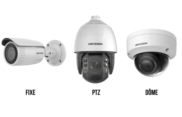 Trois caméras de surveillance Hikvision : fixe, PTZ et dôme. Idéales pour une surveillance vidéo dans le cloud.