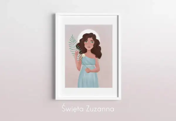 Święta Zuzanna w błękitnej sukni, z gałązką i kwiatem, symbolizującymi jej czystość i męczeństwo.