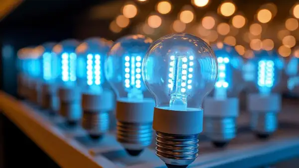 Rząd niebieskich żarówek LED, każda z kilkunastoma diodami, świeci jasno. Zastanawiasz się, ile lumenów ma słońce? Te żarówki to tylko namiastka jego blasku.