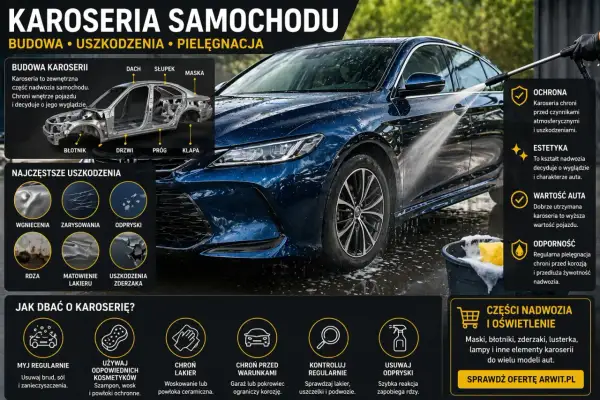 Mycie ciemnoniebieskiego nadwozia samochodu. Informacje o budowie, uszkodzeniach i pielęgnacji karoserii.