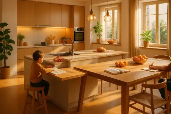 Enfant lisant à côté d'un îlot de cuisine moderne, table en bois avec des fruits et des livres.