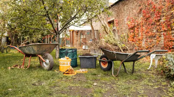 Gartenarbeit im Herbst: Schubkarren voller Laub und Äste warten darauf, kompost umsetzen zu helfen. Ein Eimer mit Küchenabfällen steht bereit.