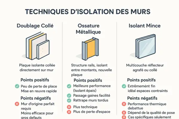 Comparaison de techniques d'isolation des murs : collage de plaques, ossature métallique pour pose placo, et isolant mince.