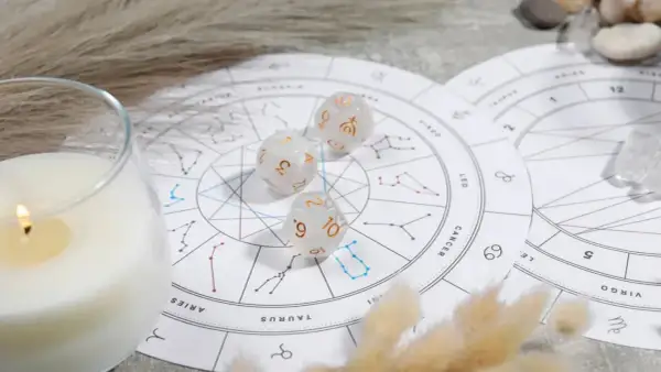 Karty zodiaku, kostki z symbolami planet i płonąca świeca tworzą mistyczną atmosferę.