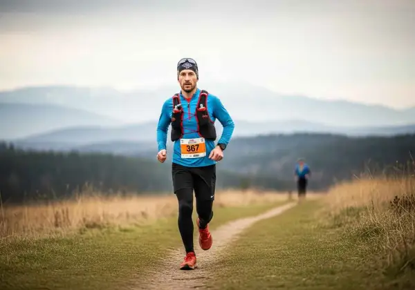 Coureur en plein effort sur un sentier, suivant son plan entrainement trail 70 km 3 séances. Paysage vallonné en arrière-plan.