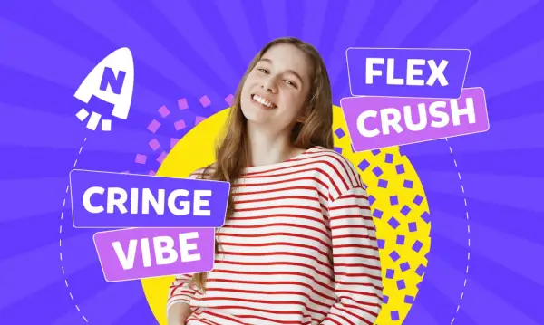 Joven sonriente con camiseta a rayas, rodeada de **palabras generación z** como "CRINGE", "VIBE", "FLEX" y "CRUSH".