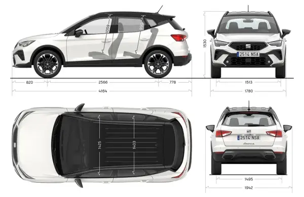 Schemat Seat Arona wymiary: długość 4164 mm, szerokość 1780 mm, wysokość 1530 mm. Rozstaw osi 2566 mm.
