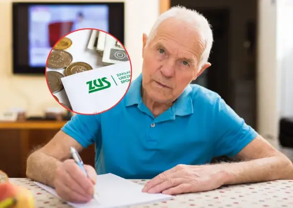Starszy mężczyzna pisze, w tle ZUS i pieniądze. Czy waloryzacja emerytur 2026 tabela przyniesie ulgę?