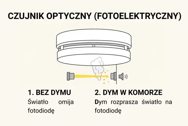 Schemat działania czujki ppoż. optycznej: bez dymu światło omija fotodiodę, z dymem rozprasza się na niej.