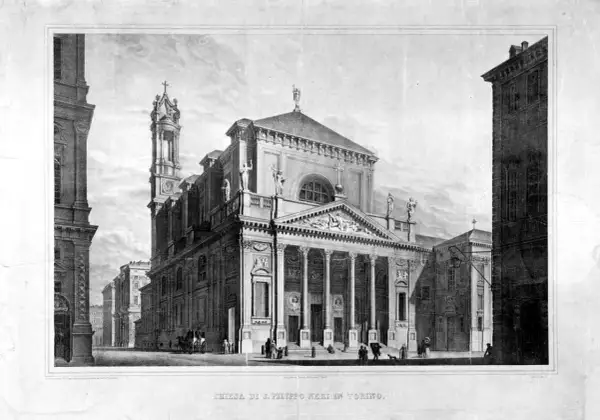La chiesa di San Filippo Neri a Torino, con la sua imponente facciata colonnata e il campanile svettante, vista da una strada cittadina con figure e una carrozza.