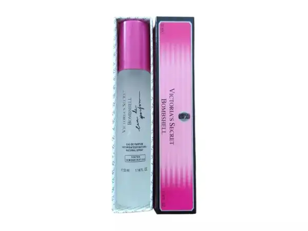 Perfumy Victoria's Secret Bombshell w opakowaniu testera. Różowy korek i paski na pudełku dodają uroku tej vs bombshell.