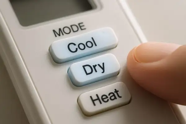 Doigt appuyant sur le bouton "Dry" d'une télécommande, choisissant entre clim cool ou dry pour un confort optimal.