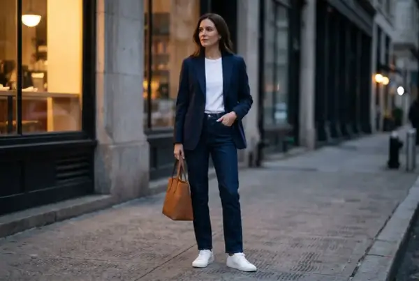 Elegancka kobieta w granatowej marynarce i jeansach, tworząca styl smart casual damski. W dłoni trzyma brązową torbę.