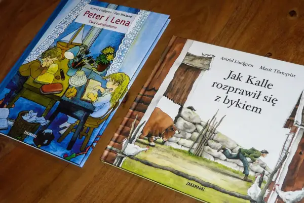 Dwie książki z ilustracjami z powieści Astrid Lindgren: "Peter i Lena" oraz "Jak Kalle rozprawił się z bykiem".