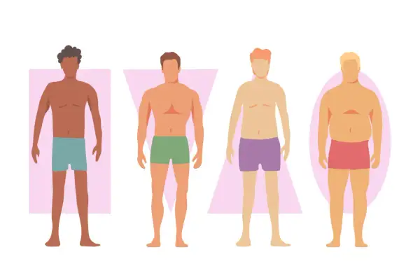 Quatre silhouettes masculines illustrent différentes morphologies homme, allant du svelte au corpulent, chacune entourée d'une forme géométrique.