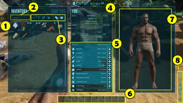 Interfejs gry Ark Survival Evolved. Widok ekwipunku, statystyk postaci i menu tworzenia przedmiotów. To świetny ark survival evolved poradnik dla początkujących.