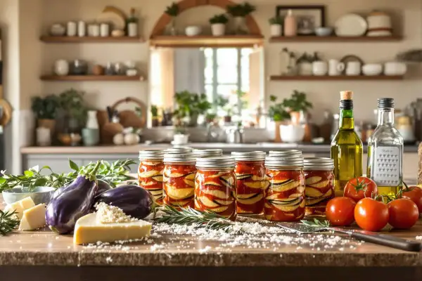 Aubergines confites recette italienne : des bocaux remplis d'aubergines, tomates, huile d'olive, ail et herbes sur un comptoir de cuisine.