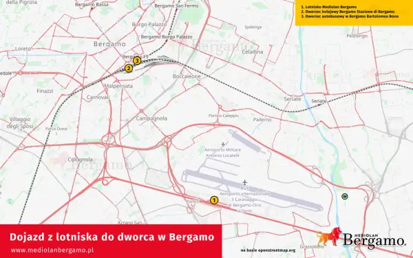 Mapa pokazuje dojazd z lotniska Mediolan Bergamo do dworca kolejowego i autobusowego.